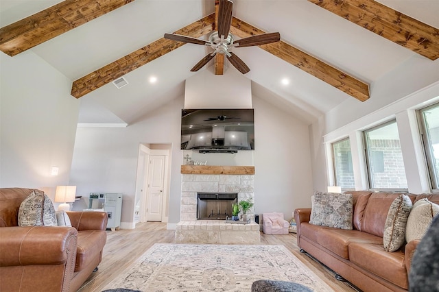 4017 Crick Ct, Weatherford, TX 76087 - living area featuring ceiling fan, light wood-type flooring, beamed ceiling, a stone fireplace, and baseboards