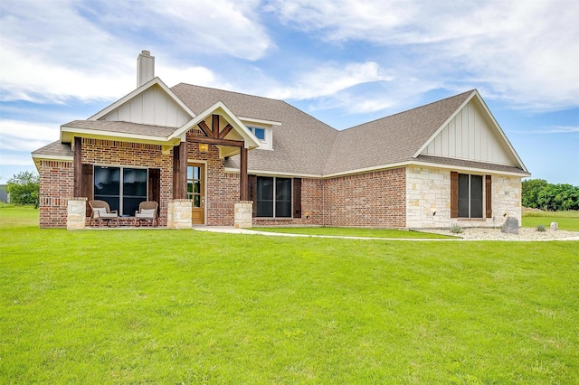 4017 Crick Ct, Weatherford, TX 76087 - view of front of home featuring board and batten siding, a front yard, roof with shingles, and a chimney