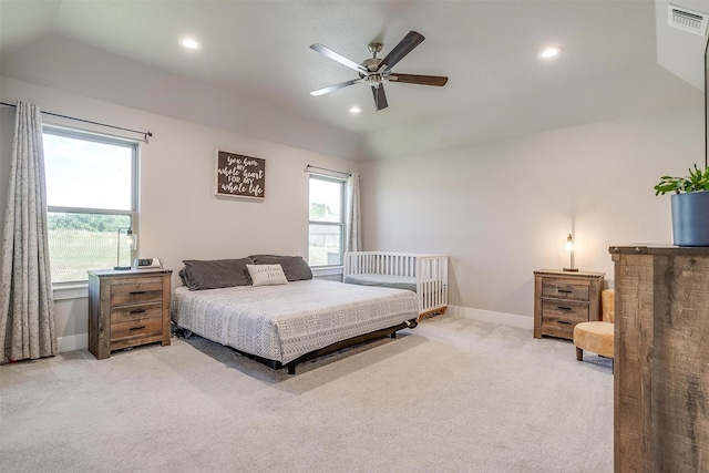 4017 Crick Ct, Weatherford, TX 76087 - bedroom featuring light carpet, recessed lighting, baseboards, vaulted ceiling, and ceiling fan