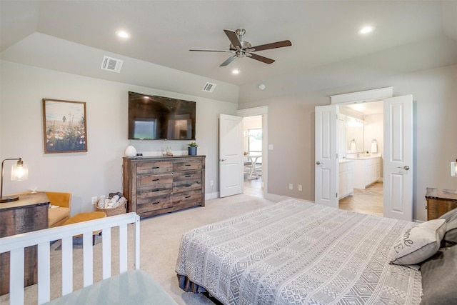 4017 Crick Ct, Weatherford, TX 76087 - bedroom featuring vaulted ceiling, recessed lighting, ensuite bath, a ceiling fan, and light carpet