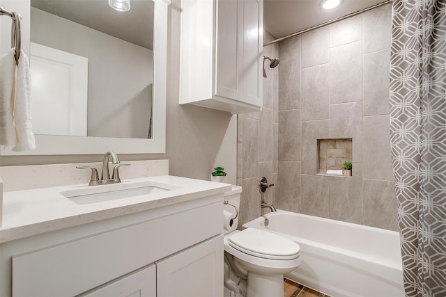 4017 Crick Ct, Weatherford, TX 76087 - bathroom featuring vanity, shower / bathtub combination with curtain, toilet, and recessed lighting