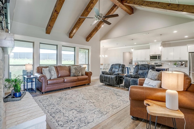 4017 Crick Ct, Weatherford, TX 76087 - living room featuring ceiling fan, light wood finished floors, high vaulted ceiling, beamed ceiling, and healthy amount of natural light