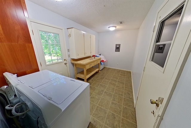 1602 England Rd, Arlington, TX 76013 - laundry area featuring washer and clothes dryer, a textured ceiling, electric panel, and baseboards