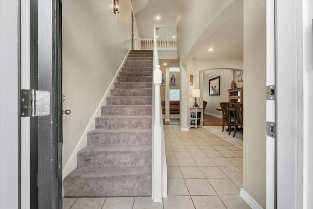 210 Sendero Dr, Waxahachie, TX 75165 - stairway with tile patterned flooring, baseboards, and recessed lighting