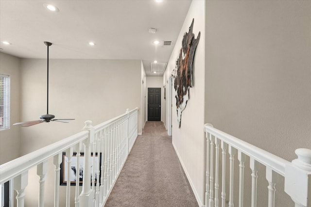 210 Sendero Dr, Waxahachie, TX 75165 - hallway with attic access, recessed lighting, carpet flooring, and an upstairs landing