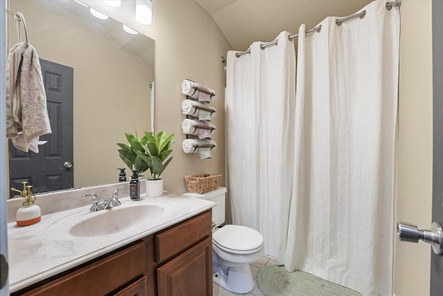 210 Sendero Dr, Waxahachie, TX 75165 - full bathroom with toilet, vanity, lofted ceiling, tile patterned flooring, and curtained shower