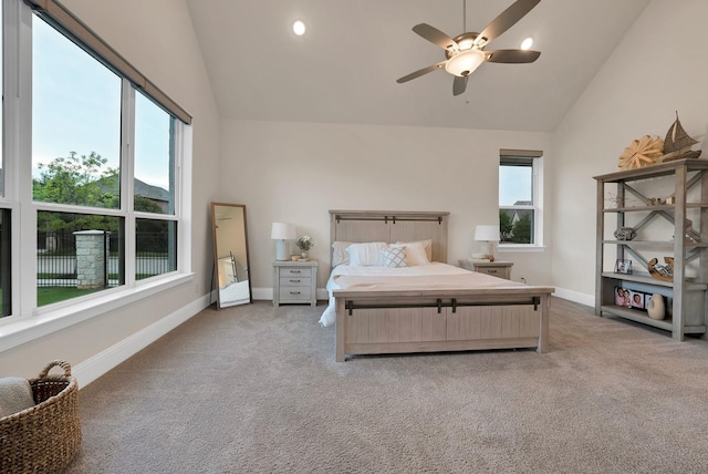 1306 Blue Lake Blvd, Arlington, TX 76005 - bedroom featuring carpet floors, high vaulted ceiling, baseboards, and a ceiling fan