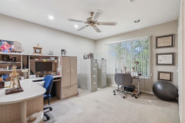 6 Crosslands Rd, Benbrook, TX 76132 - home office with light colored carpet, a ceiling fan, baseboards, and recessed lighting