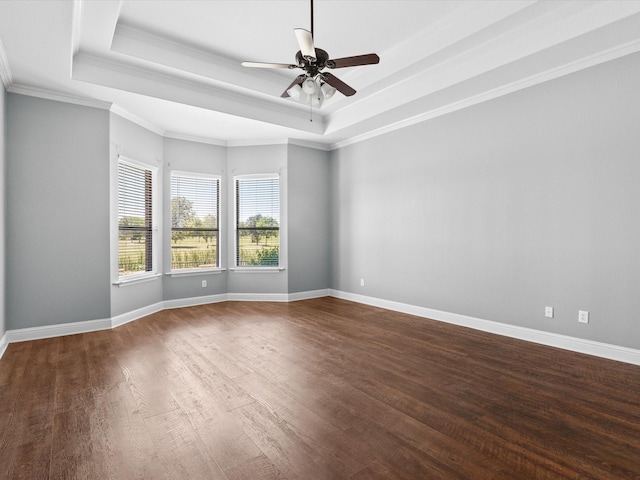 1105 Crown Valley Dr, Weatherford, TX 76087 - unfurnished room featuring a tray ceiling, wood finished floors, ceiling fan, baseboards, and ornamental molding