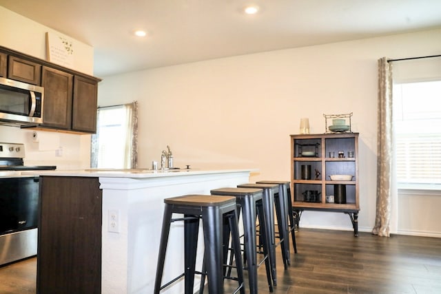 3225 Conley Ct, Mesquite, TX 75126 - kitchen featuring stainless steel appliances, dark brown cabinets, dark wood-style floors, light countertops, and recessed lighting