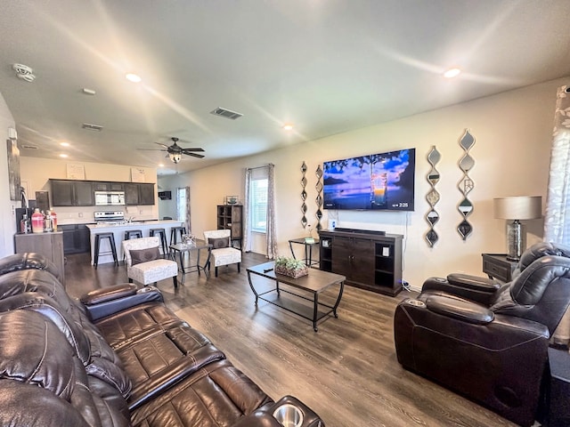 3225 Conley Ct, Mesquite, TX 75126 - living area with a ceiling fan, dark wood finished floors, and recessed lighting