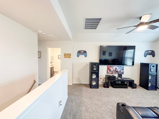 3225 Conley Ct, Mesquite, TX 75126 - living room with attic access, carpet flooring, a ceiling fan, and baseboards