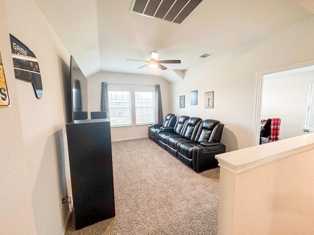 3225 Conley Ct, Mesquite, TX 75126 - living room featuring vaulted ceiling, ceiling fan, and carpet flooring