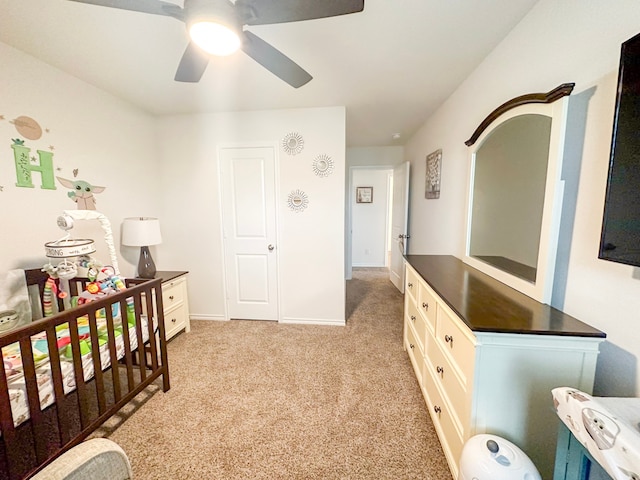 3225 Conley Ct, Mesquite, TX 75126 - bedroom with light colored carpet, ceiling fan, and baseboards