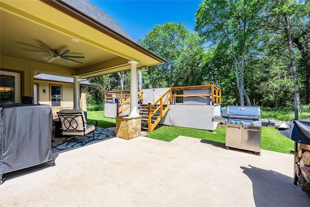 6296 Fm 1256, Mabank, TX 75147 - view of patio / terrace with a ceiling fan, a deck, and view of scattered trees
