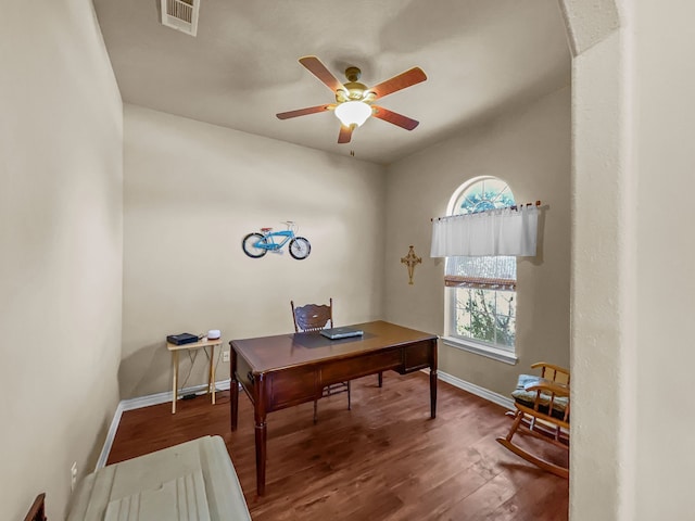 301 Quail Run Rd, Red Oak, TX 75154 - office area with wood finished floors, baseboards, and ceiling fan