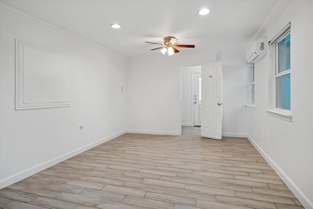 5409 Queens Ct, Lake Dallas, TX 75065 - unfurnished room featuring a wall mounted air conditioner, a ceiling fan, light wood-type flooring, recessed lighting, and baseboards