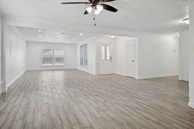 5409 Queens Ct, Lake Dallas, TX 75065 - empty room with crown molding, a ceiling fan, light wood-type flooring, baseboards, and recessed lighting