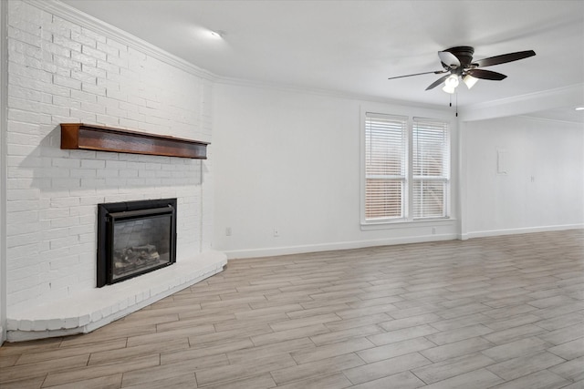5409 Queens Ct, Lake Dallas, TX 75065 - unfurnished living room with baseboards, a ceiling fan, wood finished floors, ornamental molding, and a fireplace