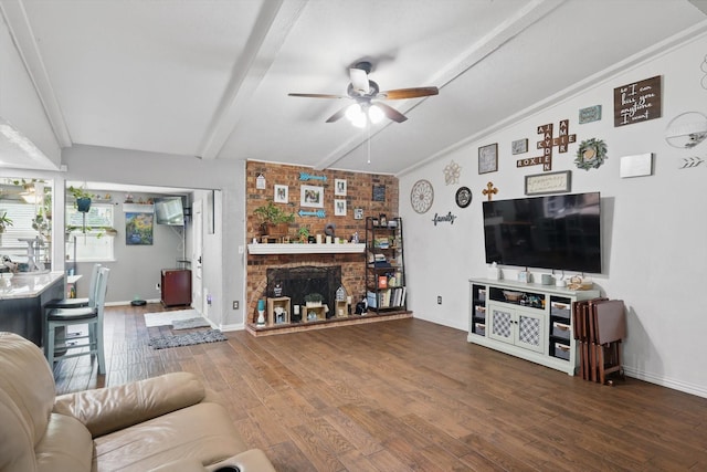 7028 Whitewood Dr, Fort Worth, TX 76137 - living area featuring a ceiling fan, wood finished floors, a fireplace, and baseboards