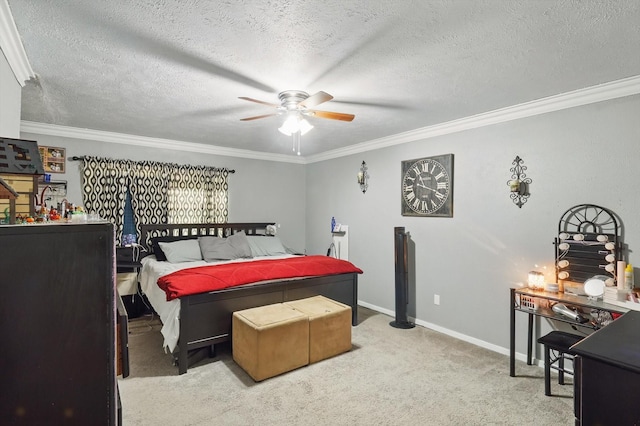 7028 Whitewood Dr, Fort Worth, TX 76137 - bedroom featuring ornamental molding, carpet flooring, a textured ceiling, baseboards, and ceiling fan