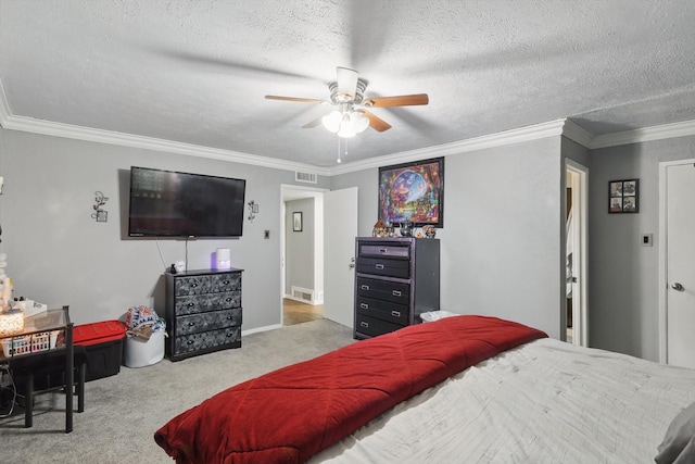 7028 Whitewood Dr, Fort Worth, TX 76137 - bedroom with carpet flooring, crown molding, a ceiling fan, and a textured ceiling