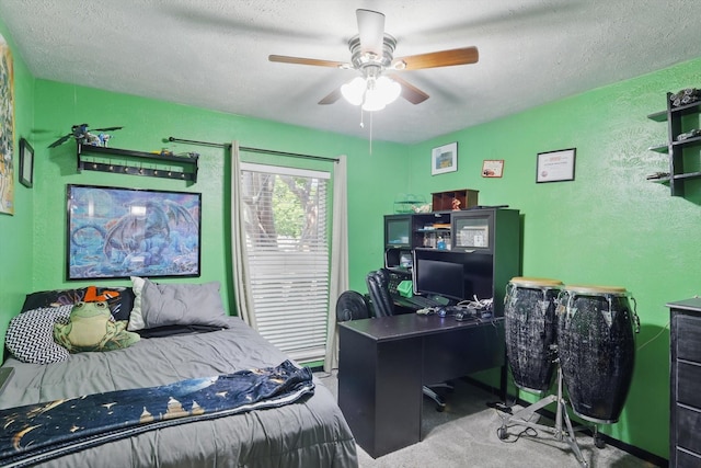 7028 Whitewood Dr, Fort Worth, TX 76137 - bedroom featuring an office area, carpet, a ceiling fan, and a textured ceiling