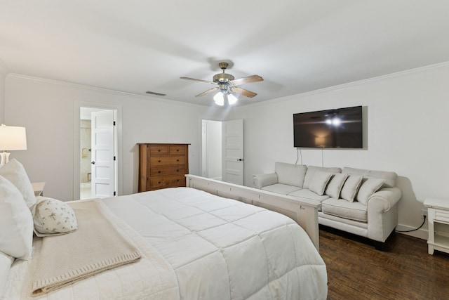 780 River Oaks Dr, Fairview, TX 75069 - bedroom with crown molding, wood finished floors, a ceiling fan, and ensuite bath