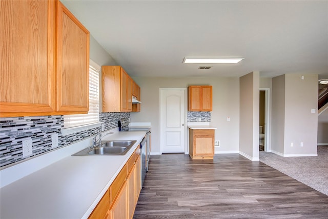 1057 Castle Top Dr, Fort Worth, TX 76052 - kitchen with a sink, exhaust hood, decorative backsplash, appliances with stainless steel finishes, and light countertops