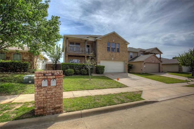 1057 Castle Top Dr, Fort Worth, TX 76052 - view of front of home with brick siding, a front yard, an attached garage, concrete driveway, and a balcony