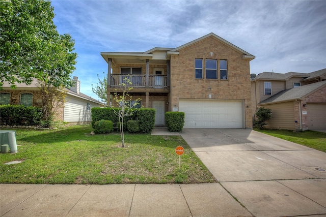 1057 Castle Top Dr, Fort Worth, TX 76052 - view of front facade featuring brick siding, an attached garage, a front lawn, a balcony, and driveway