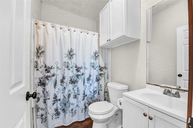 121 Sanchez Creek Ct, Weatherford, TX 76088 - full bath with vanity, toilet, a shower with shower curtain, and a textured wall