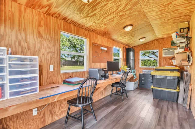 121 Sanchez Creek Ct, Weatherford, TX 76088 - office area featuring wood walls, a wall mounted air conditioner, vaulted ceiling, wood ceiling, and wood finished floors