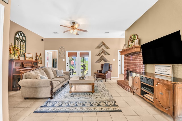 121 Sanchez Creek Ct, Weatherford, TX 76088 - living area featuring ceiling fan, light tile patterned floors, and a fireplace