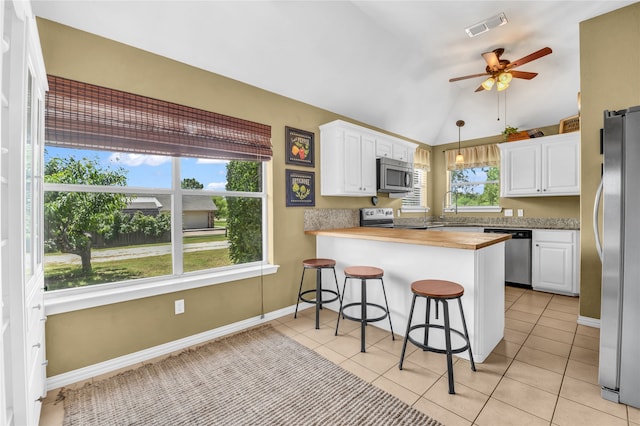 121 Sanchez Creek Ct, Weatherford, TX 76088 - kitchen featuring stainless steel appliances, white cabinets, a peninsula, a ceiling fan, and lofted ceiling