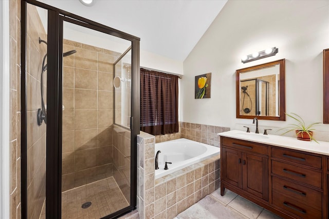 8405 Circleview St, Rowlett, TX 75088 - full bathroom with lofted ceiling, a bath, vanity, and a shower stall