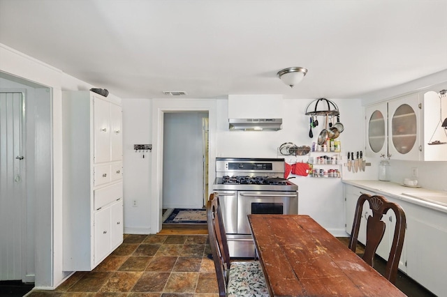 116 S Lyndalyn Ave, Desoto, TX 75115 - kitchen with stainless steel gas range oven, under cabinet range hood, white cabinets, dark stone finish floors, and light countertops