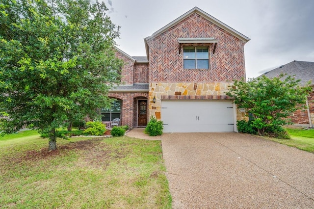 1420 Candler Dr, Prosper, TX 75078 - view of front facade with an attached garage, stone siding, driveway, brick siding, and a front yard