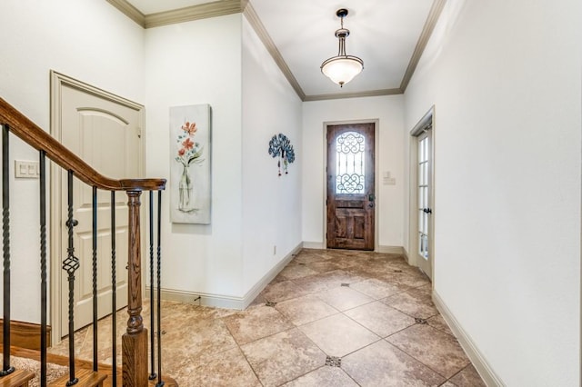 1420 Candler Dr, Prosper, TX 75078 - entryway with crown molding, baseboards, stairway, and light tile patterned floors