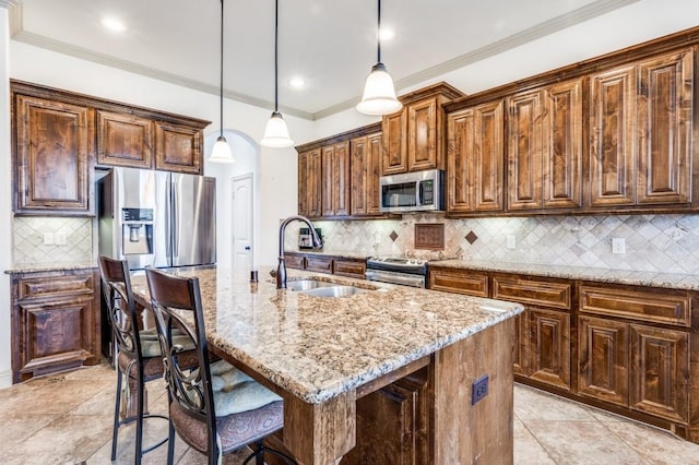 1420 Candler Dr, Prosper, TX 75078 - kitchen with stainless steel appliances, a sink, light stone counters, backsplash, and a kitchen breakfast bar
