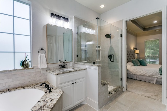 2219 Graystone Ct, Keller, TX 76248 - ensuite bathroom featuring a stall shower, a bath, vanity, ornamental molding, and tile patterned floors