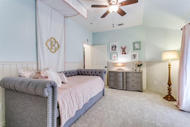 2219 Graystone Ct, Keller, TX 76248 - carpeted bedroom featuring a wainscoted wall, a ceiling fan, and vaulted ceiling
