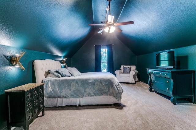 2219 Graystone Ct, Keller, TX 76248 - carpeted bedroom with a textured ceiling, lofted ceiling, and a ceiling fan