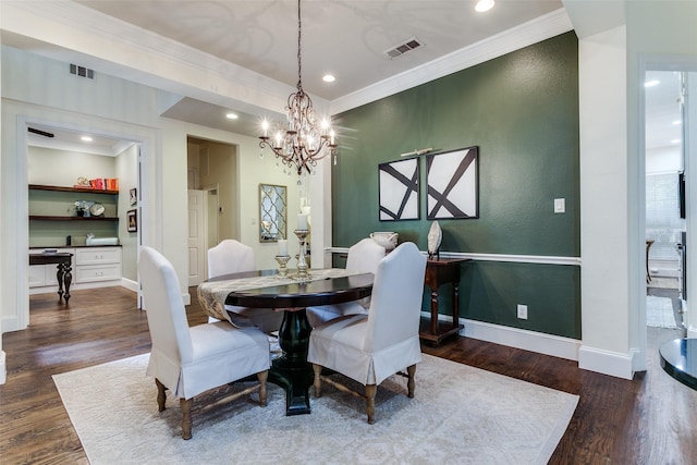 2219 Graystone Ct, Keller, TX 76248 - dining area featuring ornamental molding, baseboards, dark wood-type flooring, a chandelier, and recessed lighting