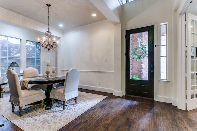 2219 Graystone Ct, Keller, TX 76248 - dining room featuring dark wood-style flooring, a chandelier, baseboards, crown molding, and recessed lighting