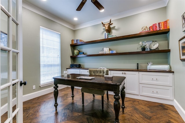 2219 Graystone Ct, Keller, TX 76248 - home office featuring ornamental molding, baseboards, a ceiling fan, french doors, and recessed lighting