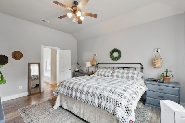 3964 Hunter Peak Rd, Fort Worth, TX 76262 - bedroom with wood finished floors, vaulted ceiling, baseboards, and ceiling fan