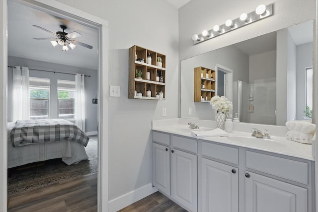 3964 Hunter Peak Rd, Fort Worth, TX 76262 - bathroom featuring double vanity, connected bathroom, wood finished floors, baseboards, and a ceiling fan