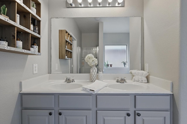 3964 Hunter Peak Rd, Fort Worth, TX 76262 - full bath featuring double vanity, walk in shower, and a textured wall