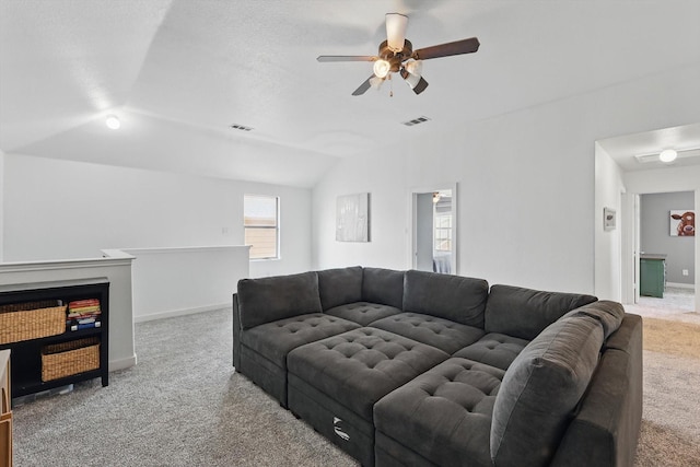 3964 Hunter Peak Rd, Fort Worth, TX 76262 - living room with carpet flooring, vaulted ceiling, ceiling fan, and baseboards